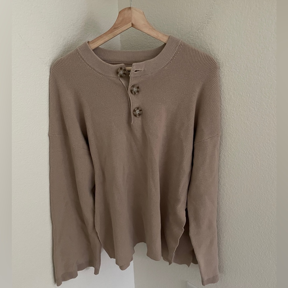 ALL FENIX beige tan sweater ribbed henley long sleeve button size L
